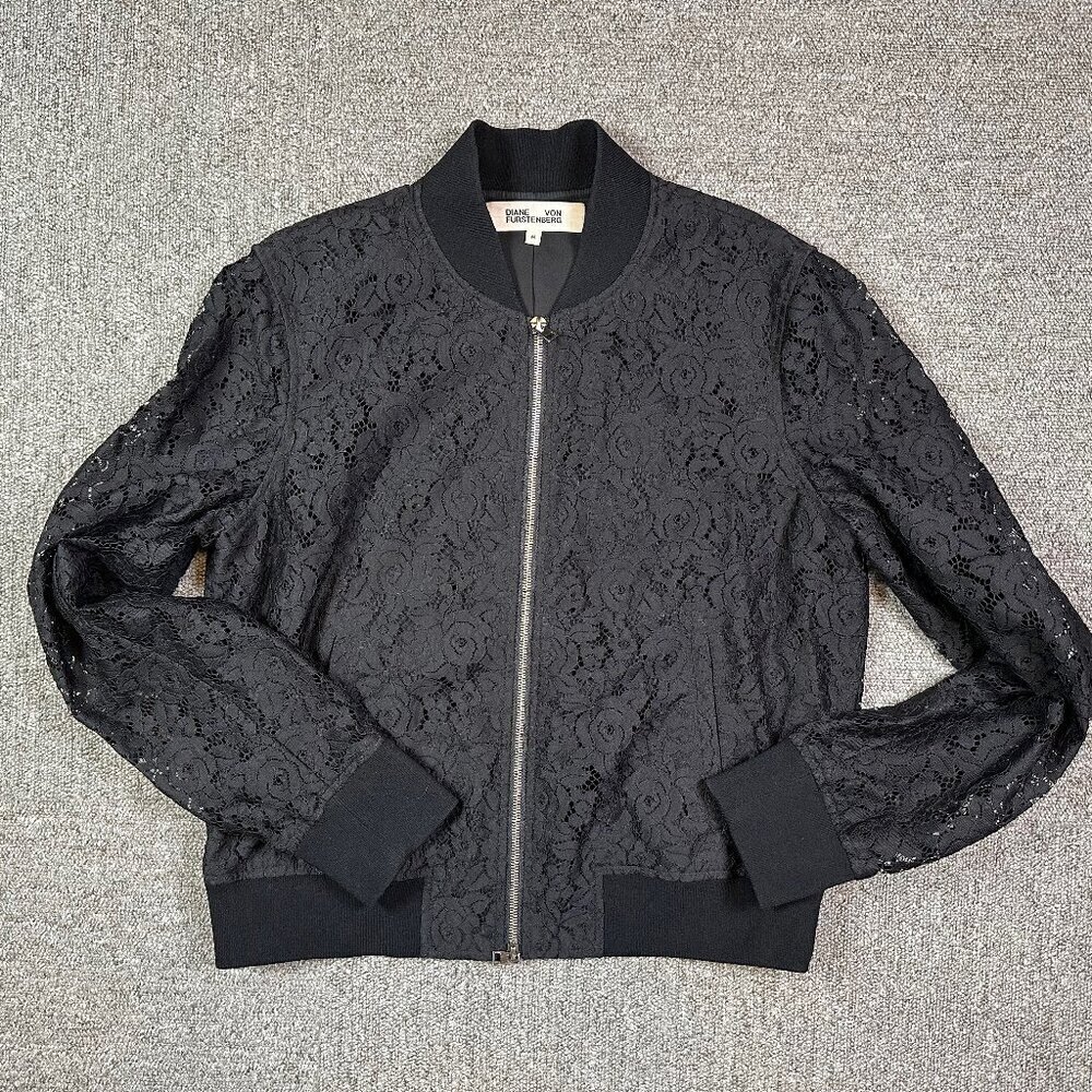 Diane Von Furstenburg Lace Bomber Jacket in Black Womens Size Medium